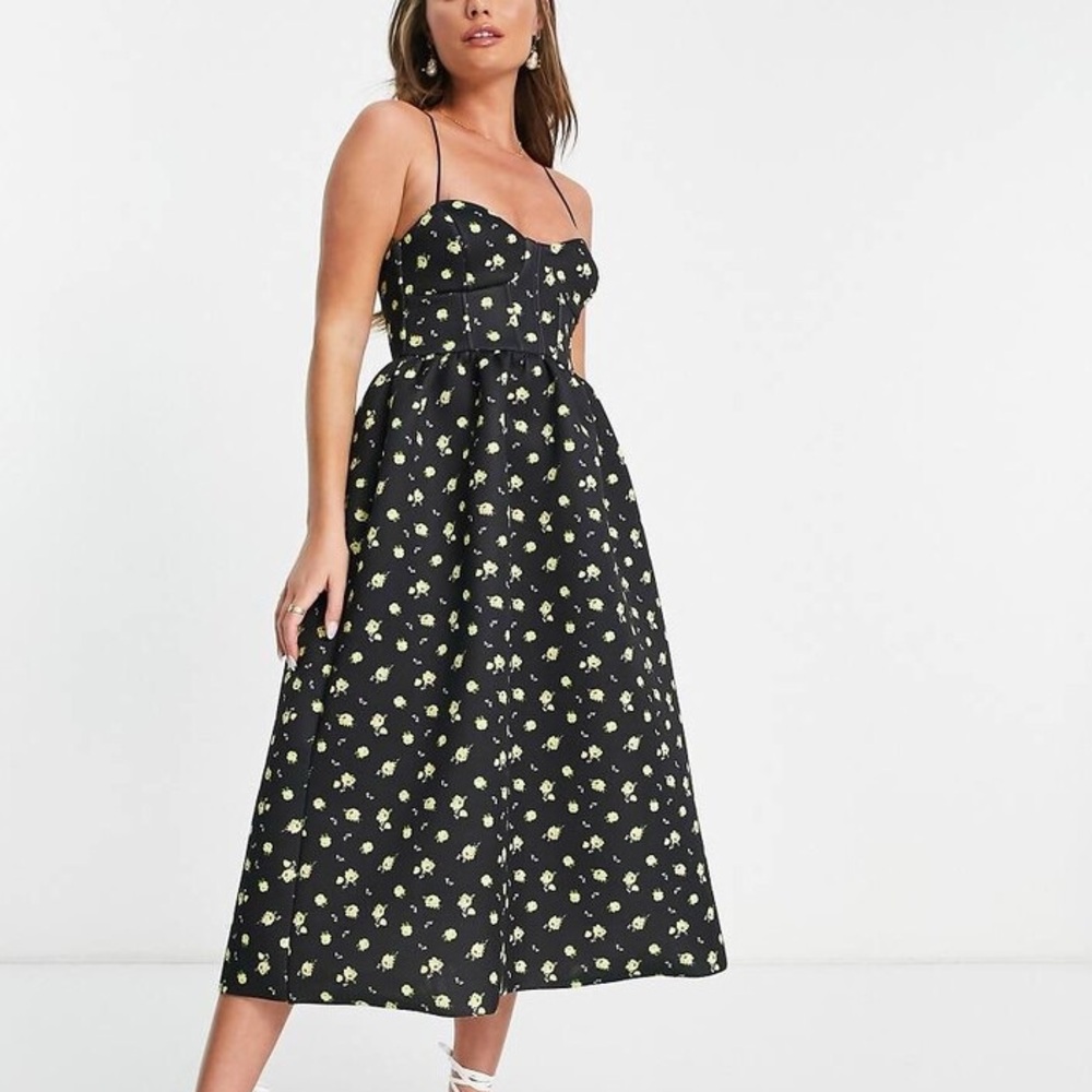 ASOS Structured Black and Yellow Floral Midi Dress